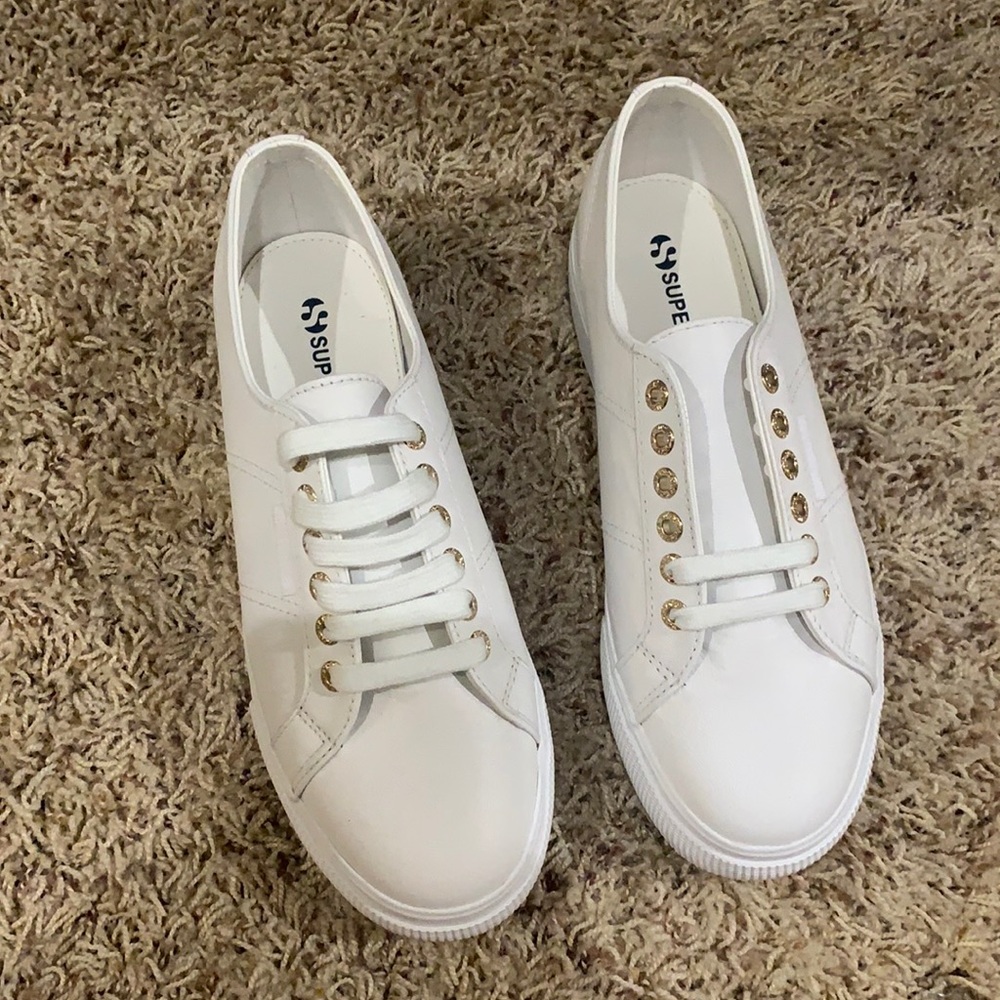 Superga leather white platform sneakers. Never worn. Size 39.5 (US 8.5)